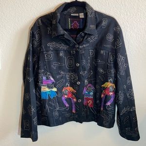 Chico’s Soft Black Denim Embroidered Boho Jacket